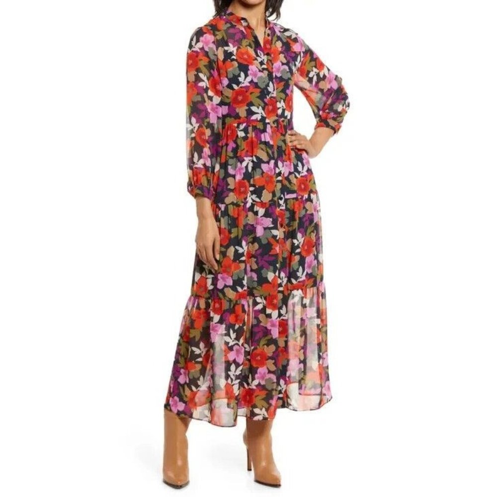 Maggy London Bold Floral Long Sleeve Shirt Dress